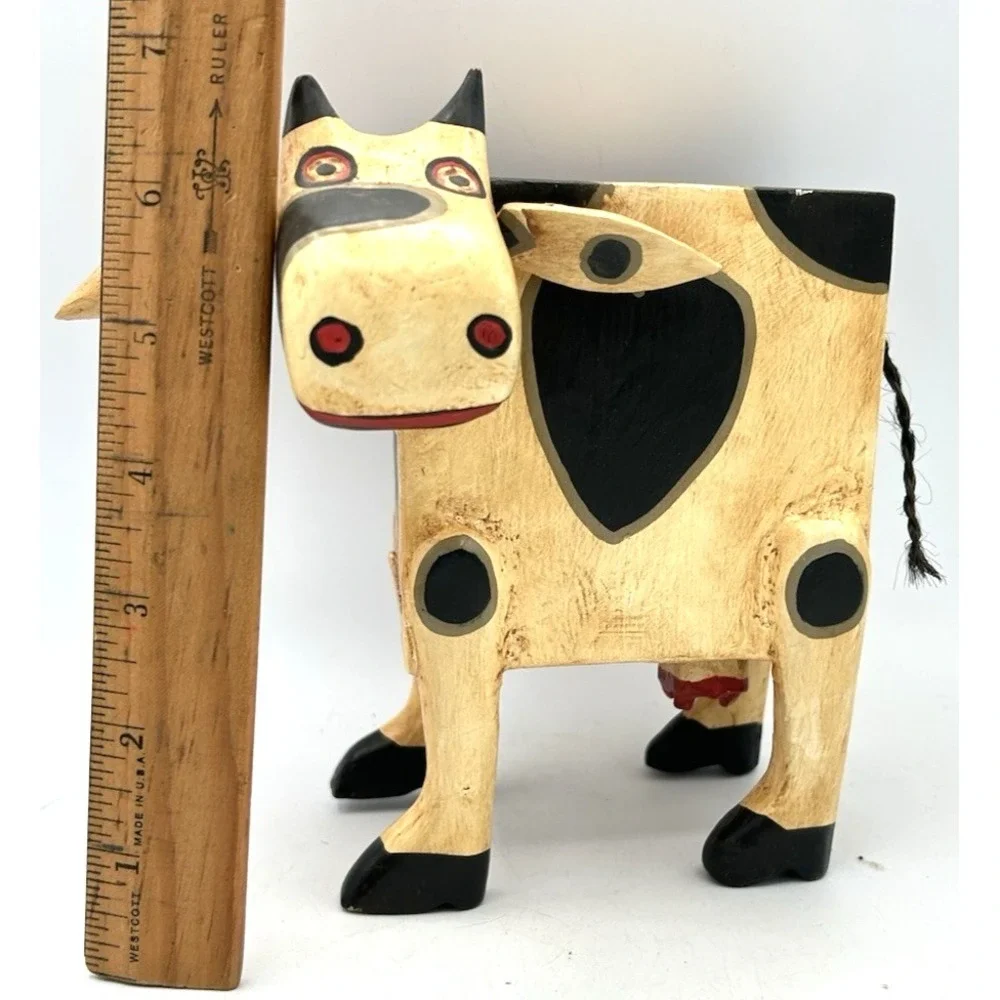 Vintage Cow Piggy Bank Hand Painted Wood Wooden 7